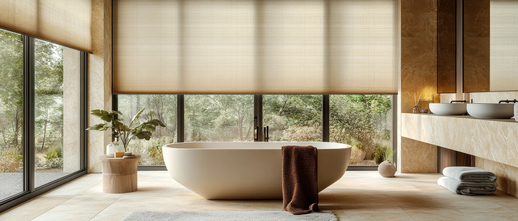 Book-matched marble wall behind a freestanding tub