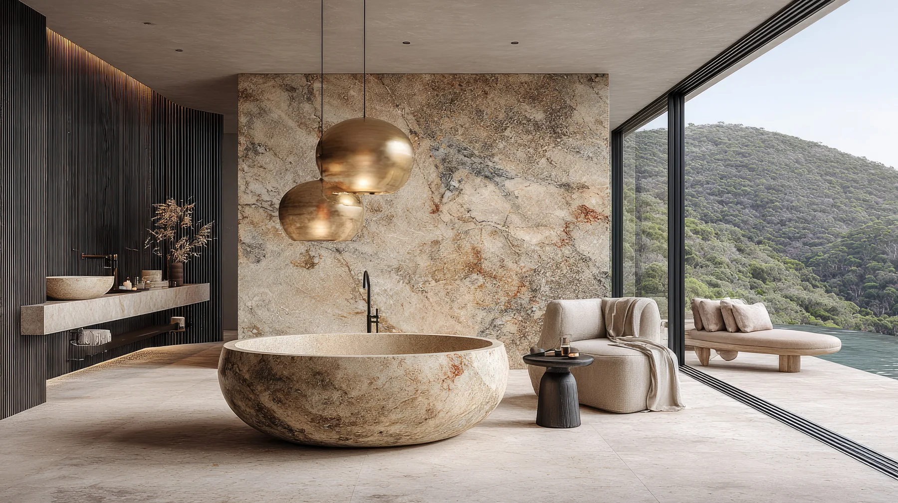 Freestanding stone tub set against a full-height glazed wall