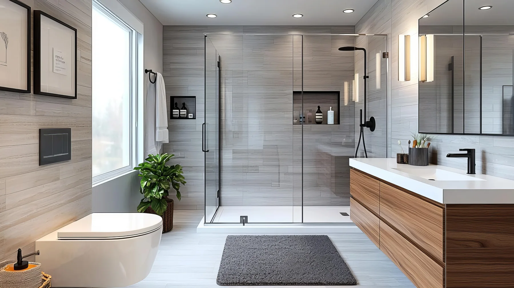 Floating vanity and walk-in shower