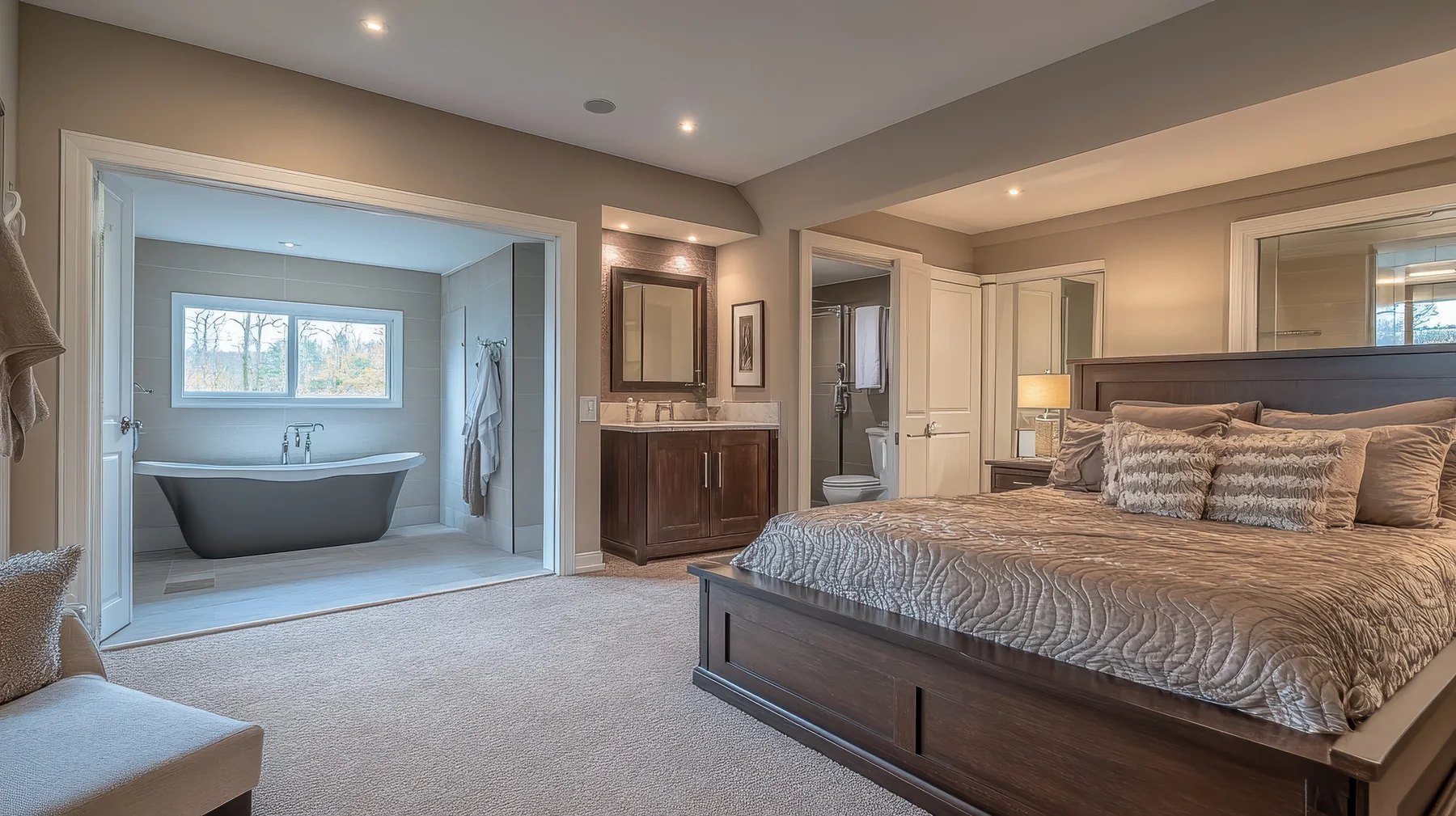 Primary suite opening onto a fully remodeled ensuite bathroom