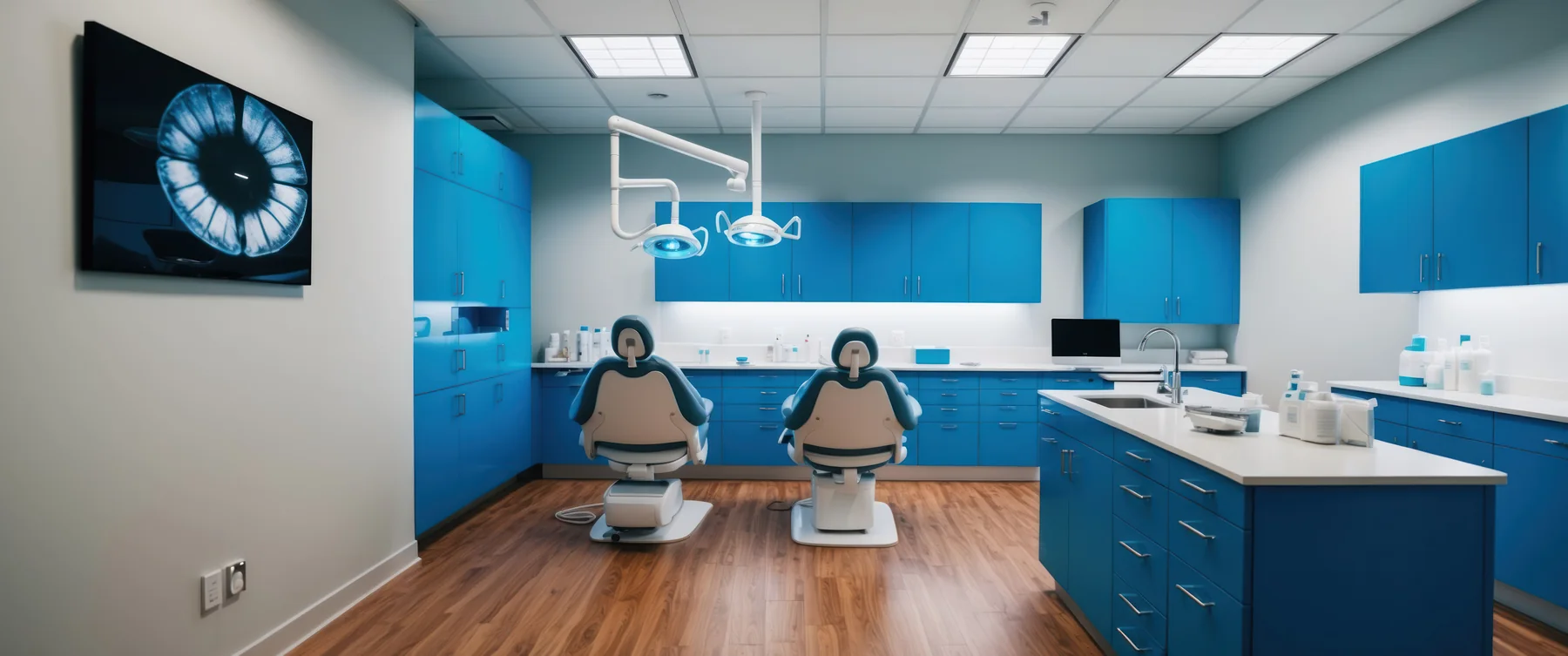 Remodeled clinic exam room with controlled lighting and equipment bays