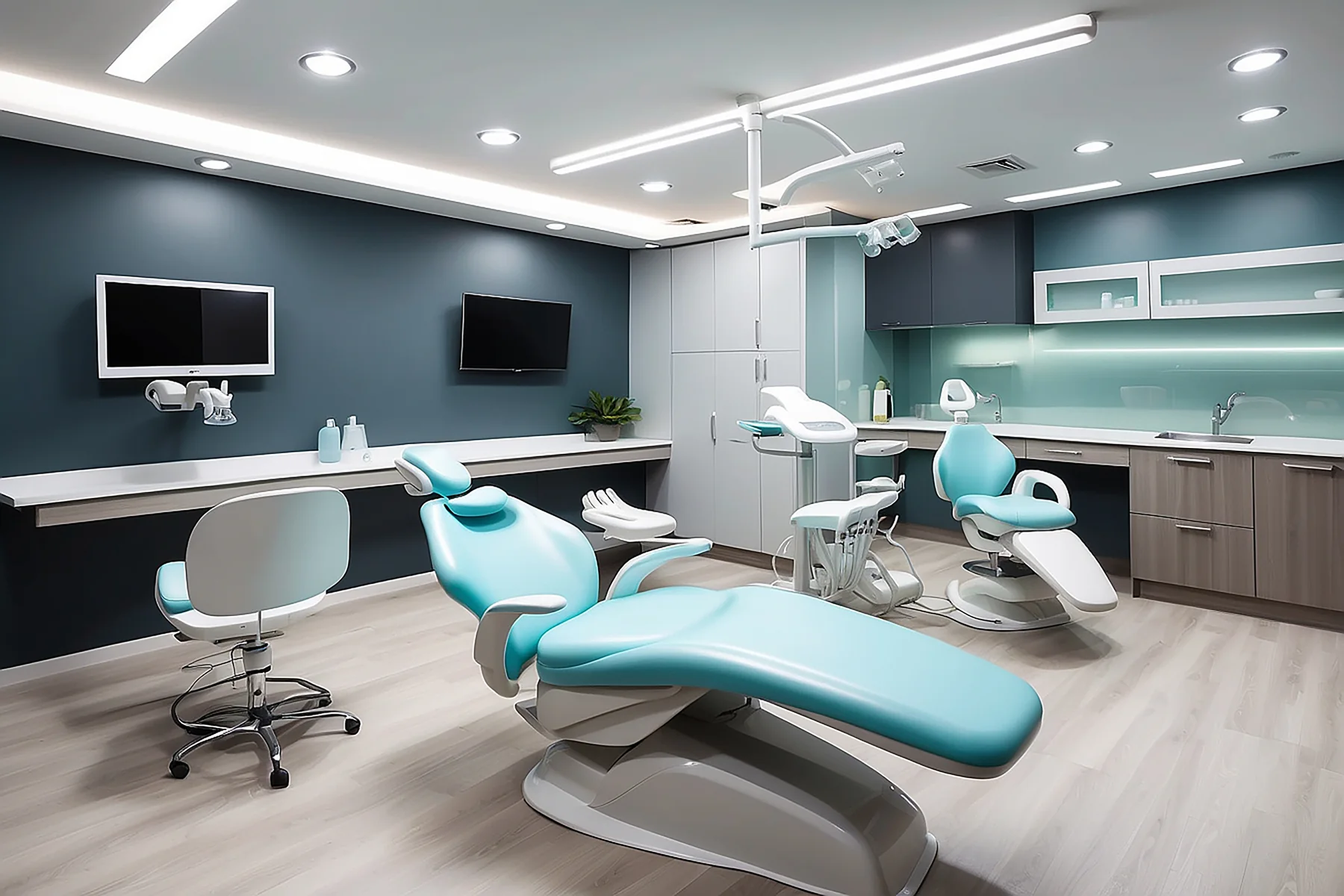 Remodeled dental operatory with new cabinetry, lighting and equipment power