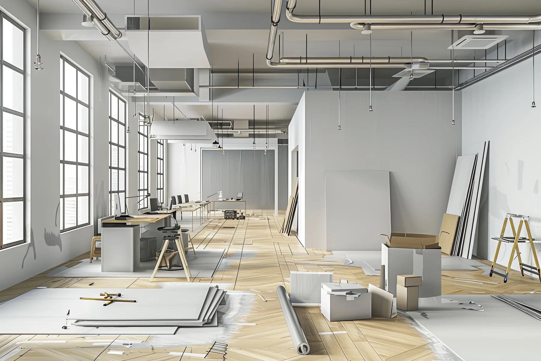 Office fit-out part-way through, with partitions set out and finishes going in