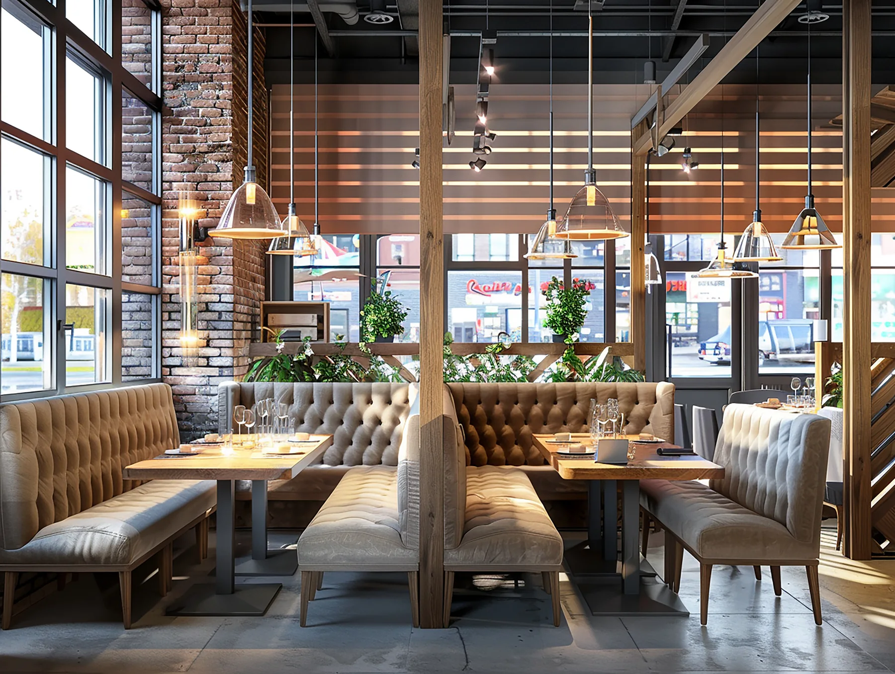 Remodeled restaurant front of house with booth seating and exposed brick