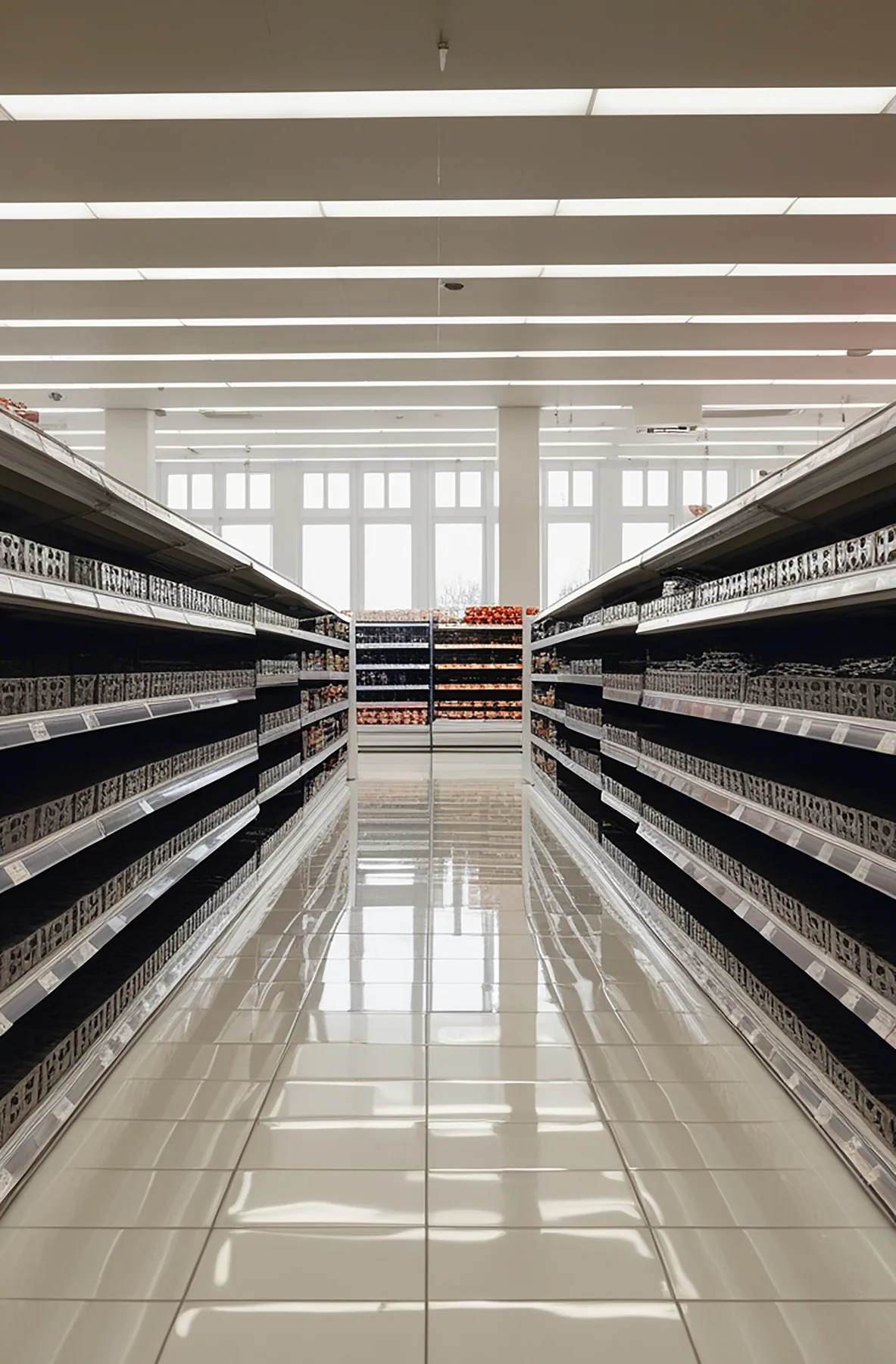 Retail floor rebuilt with new shelving runs and lighting
