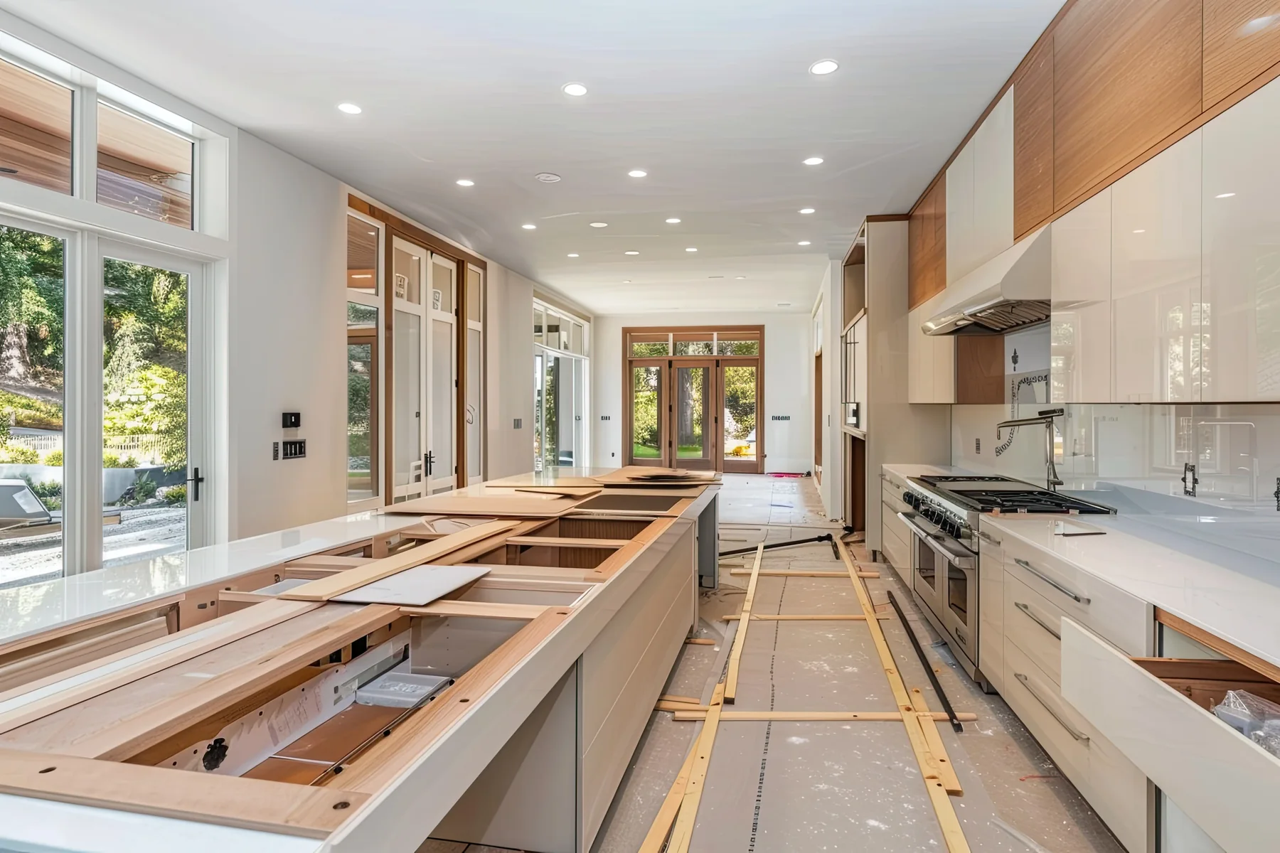 The kitchen mid-build, with the island framed and cabinetry going in