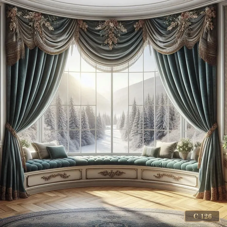 Layered drapery and valance framing a window seat, catalogue reference C 126