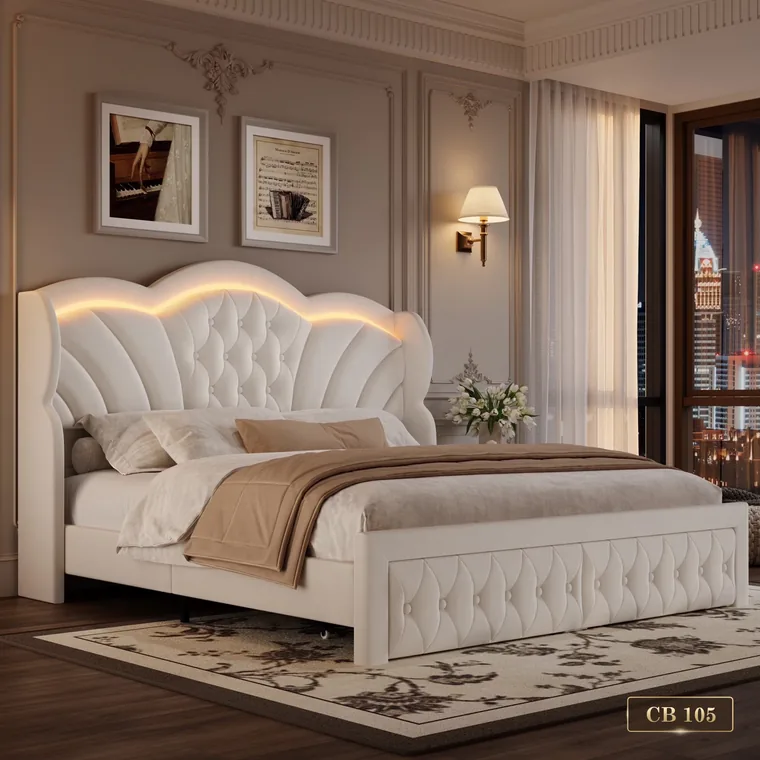 Button-tufted bed frame with a scalloped headboard, catalogue reference CB 105