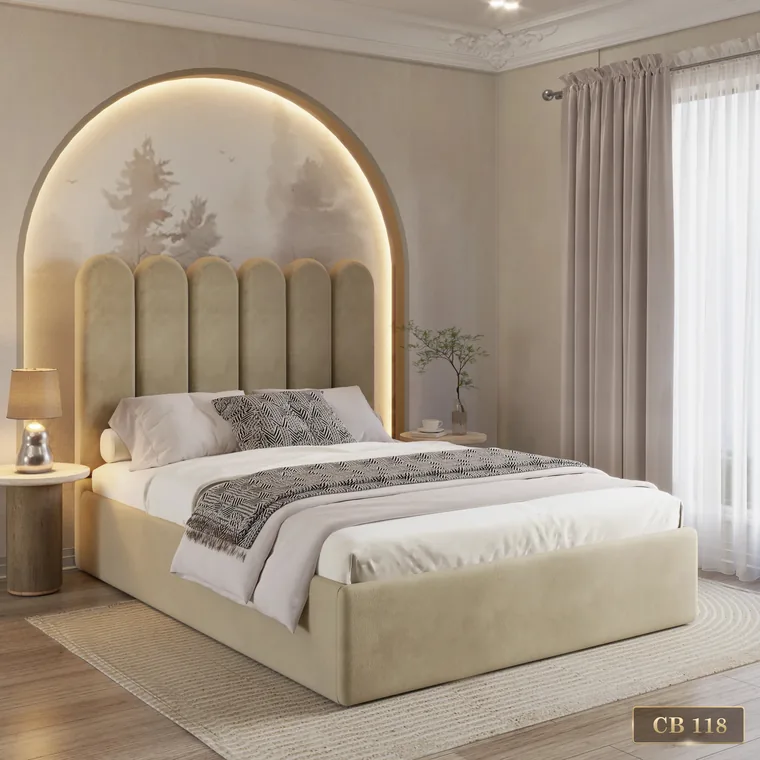 Channel-tufted headboard set into an arched wall recess, catalogue reference CB 118