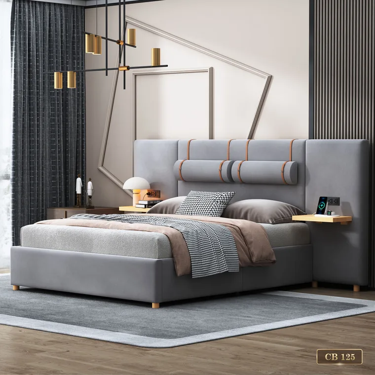 Upholstered platform bed with a bolster headboard, catalogue reference CB 125