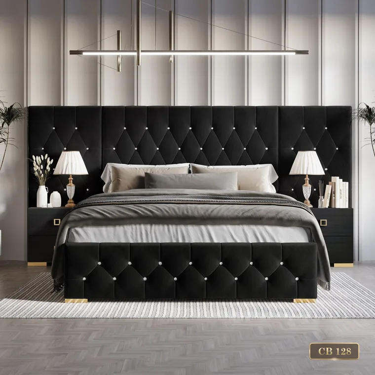 Deep buttoned headboard wall in black behind a made bed, catalogue reference CB 128
