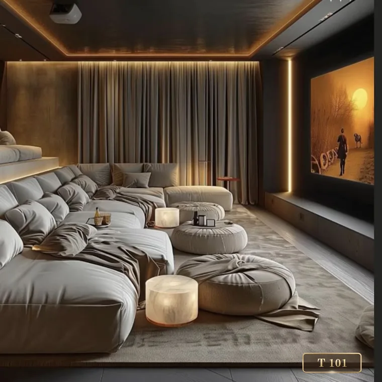 Cushioned tiered lounge seating with fluted wall panels, catalogue reference T 101
