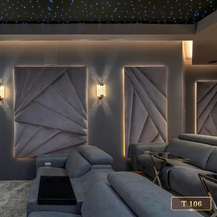 Sectional seating with sculpted wall panels and wall sconces, catalogue reference T 106