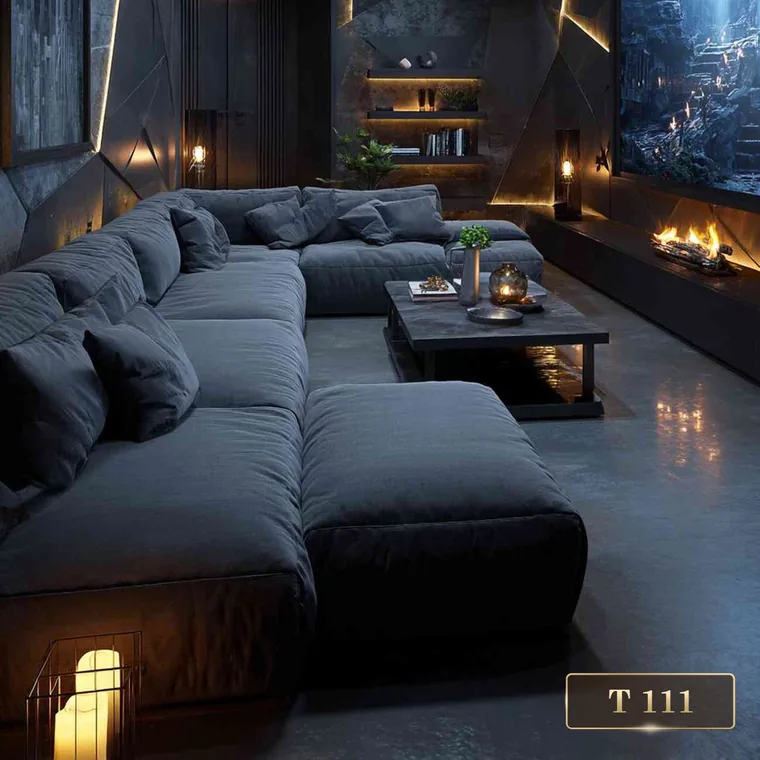 Corner sectional facing a screen, with a fireplace to one side, catalogue reference T 111