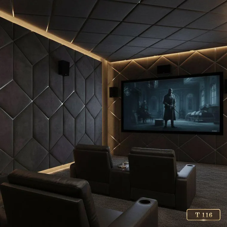 Faceted wall panels with a wall-mounted screen, catalogue reference T 116