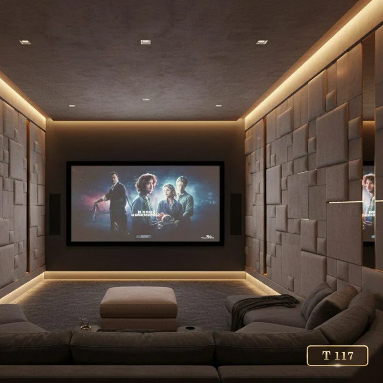 Padded wall panels with a recessed screen and cove lighting, catalogue reference T 117