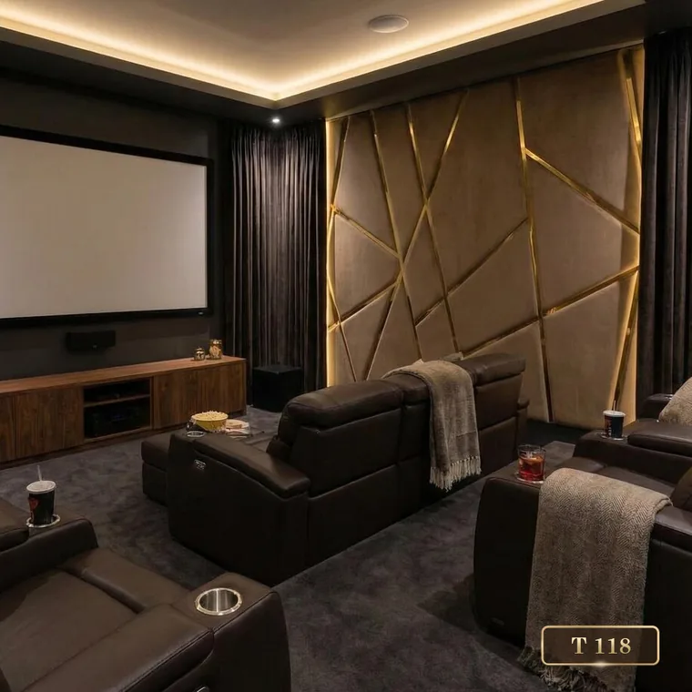 Projection screen beside a panelled wall with gold inlay, catalogue reference T 118