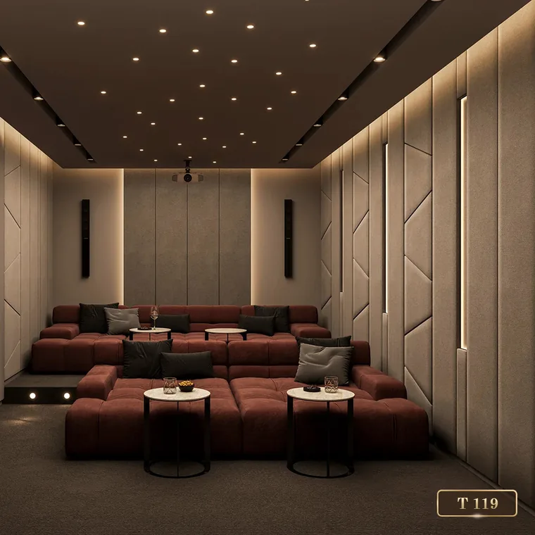 Two rows of theater seating with side tables between them, catalogue reference T 119