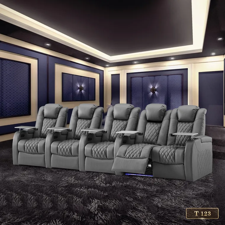 Tiered rows of recliners with acoustic wall panels, catalogue reference T 123
