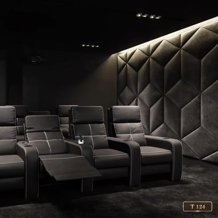 Recliners set against diamond-pattern acoustic panelling, catalogue reference T 124