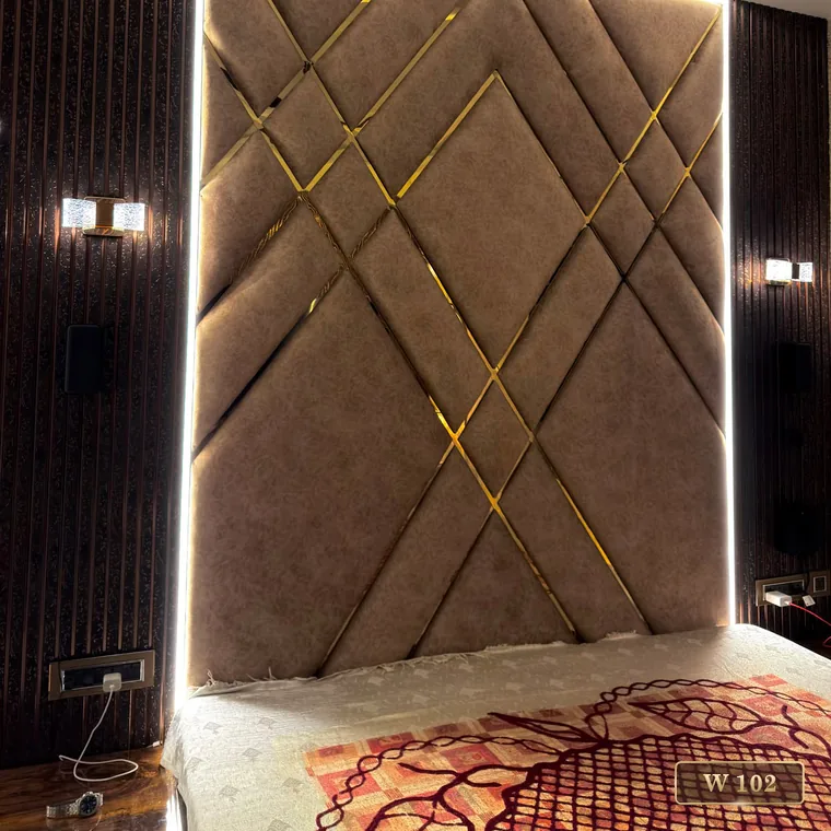 Diamond-quilted panel with brass inlay in a hallway, catalogue reference W 102