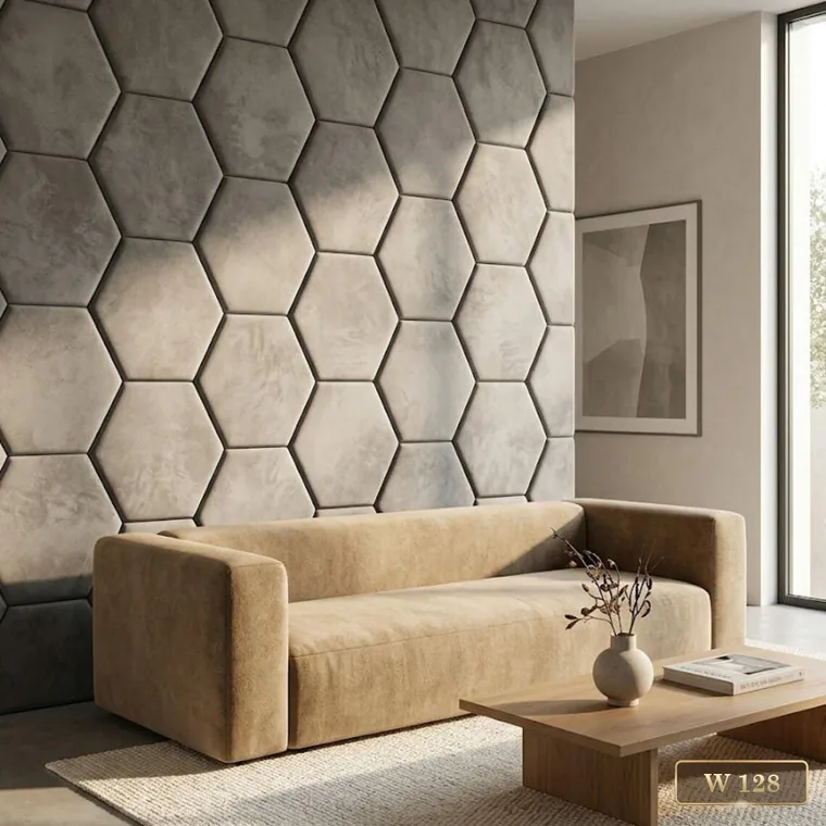 Hexagonal quilted wall panel running behind a low sofa, catalogue reference W 128