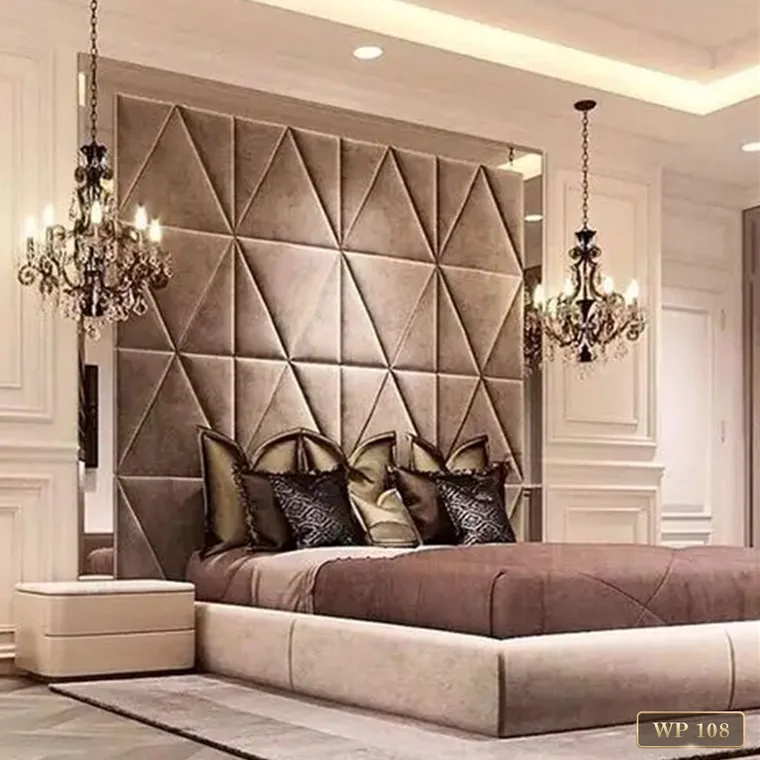Upholstered headboard wall with diamond panelling behind a bed, catalogue reference WP 108