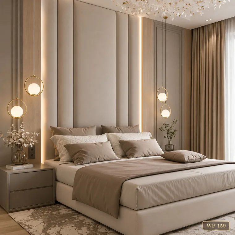Tall fluted panel wall running behind a low platform bed, catalogue reference WP 159