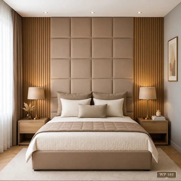 Square-tufted headboard wall in taupe with matching bedside lamps, catalogue reference WP 162