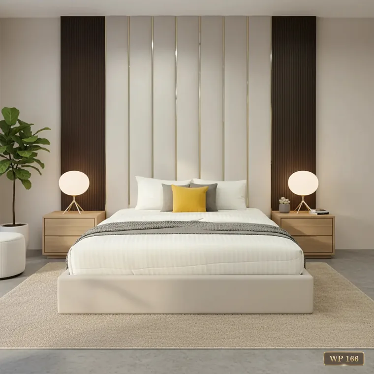 Fluted panel headboard wall flanked by bedside tables, catalogue reference WP 166