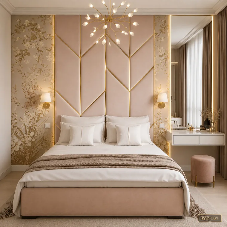Panelled headboard wall with brass inlay and wall lights, catalogue reference WP 167