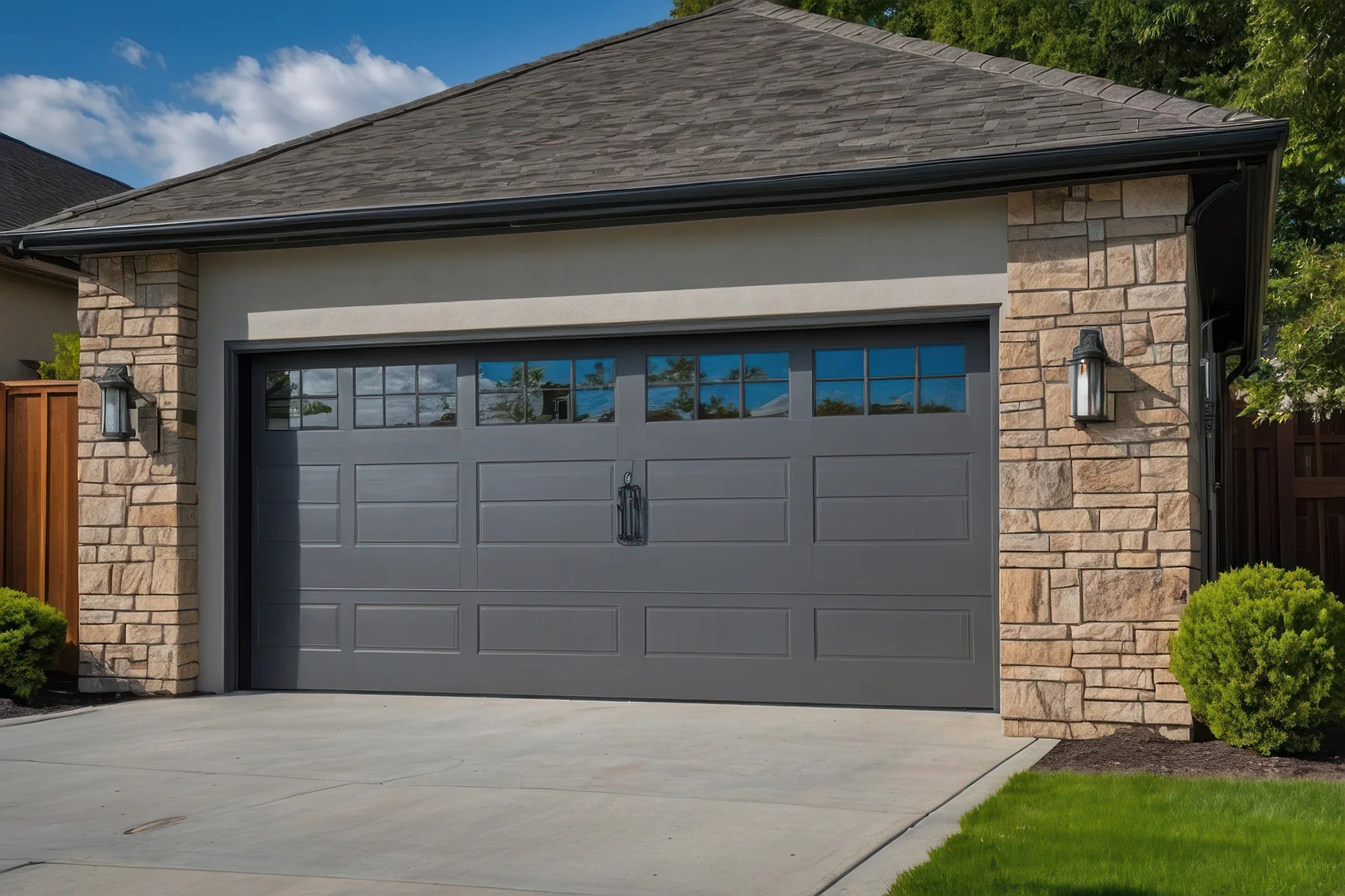 Garage exterior with a new door, trim and masonry surround