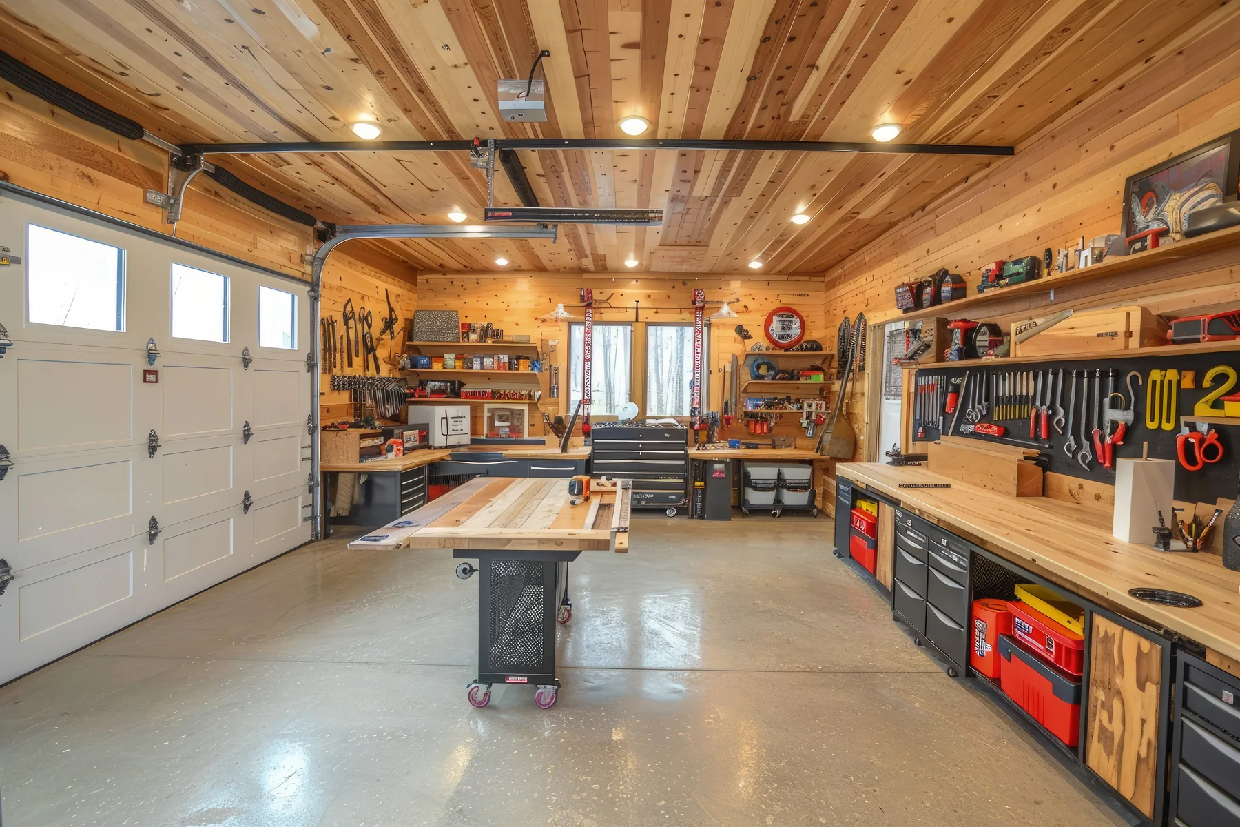 Garage converted into a fitted workshop with bench runs and storage walls