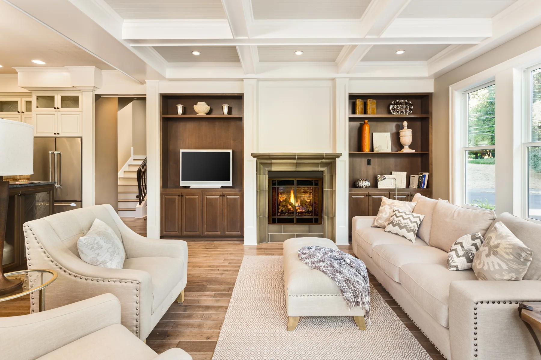 Completed living room with cased fireplace