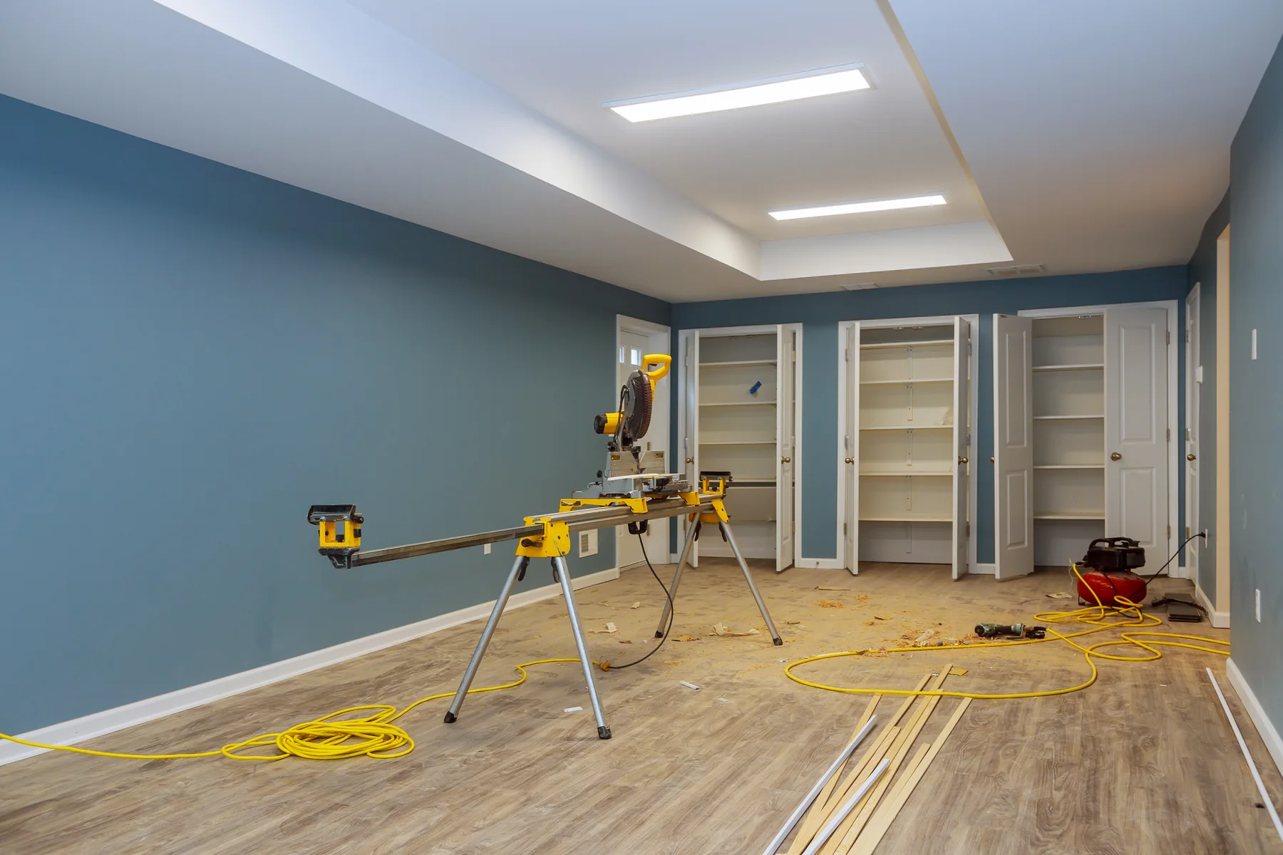 Work in progress on site, with protected floors and cut-in walls