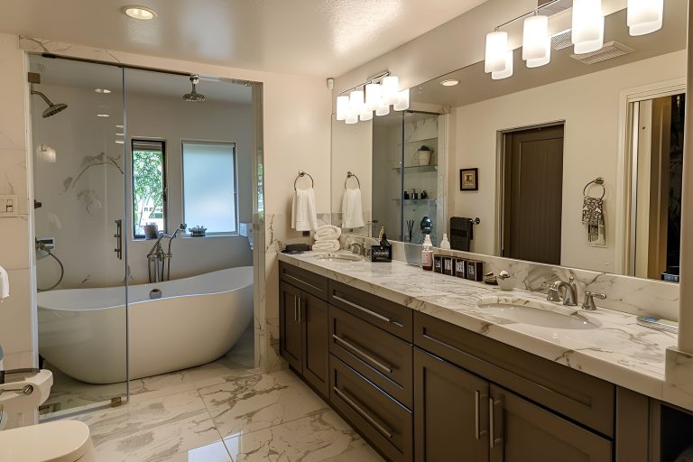 Modern bathroom addition with walk-in shower, marble countertops, and sleek design by a bathroom remodeling expert in Arlington VA.