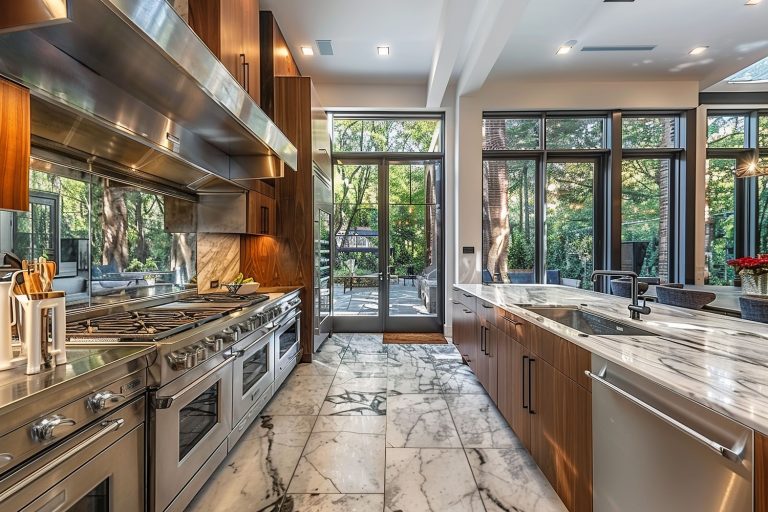 Finished kitchen remodel featuring marble floors, sleek modern sink, wooden cabinetry, floor-to-ceiling windows, and three gas stovetops.