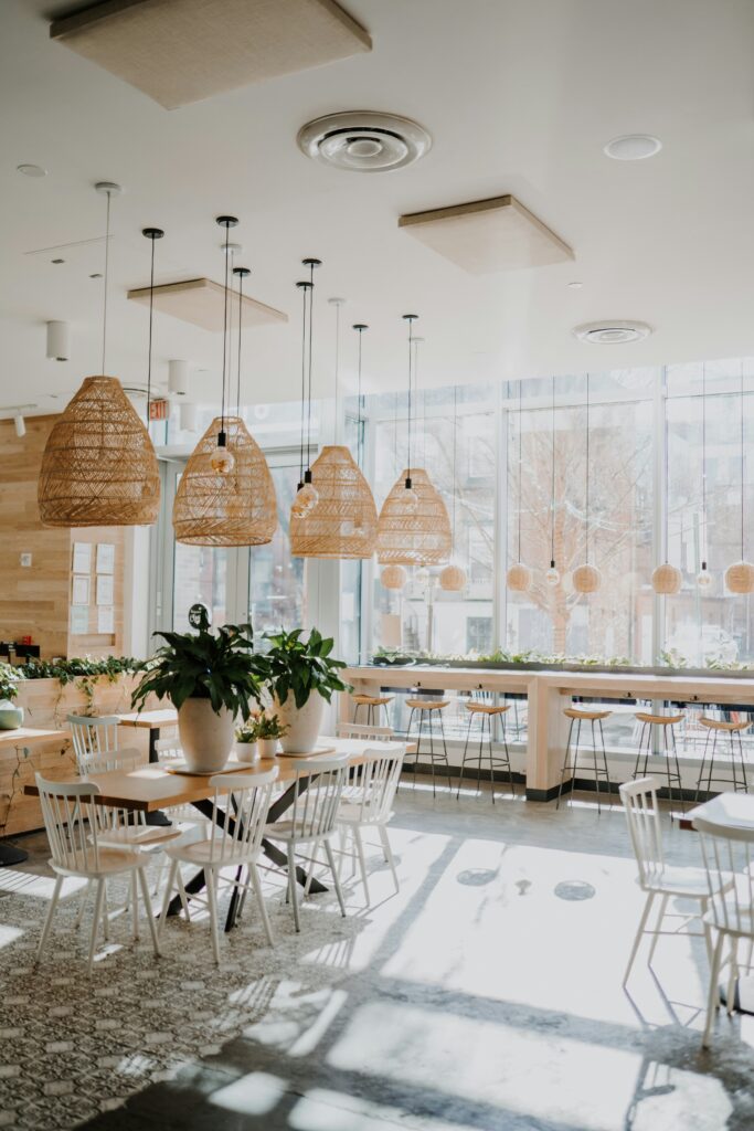 Cozy Clarendon cafe interior with lush plants, woven overhead lighting, and warm wooden accents.