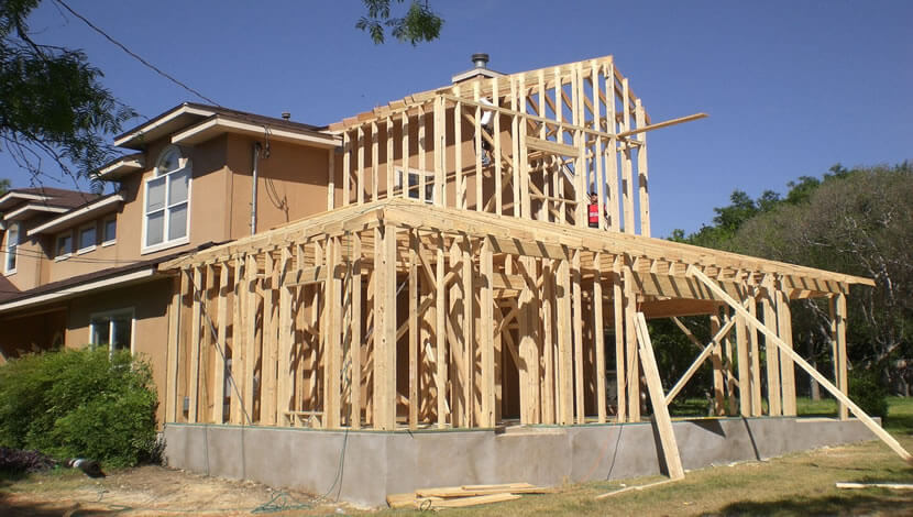 Wooden framework for a house bump out extension under construction