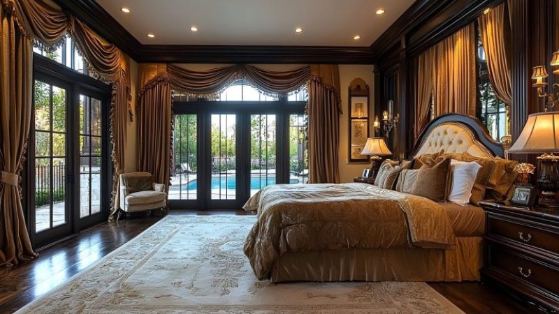 Elegant Master Suite Addition with Floor-to-Ceiling Windows and Classic Finishes Master suite addition with wood flooring, classic curtains, paneled overhead lighting, and floor-to-ceiling windows.