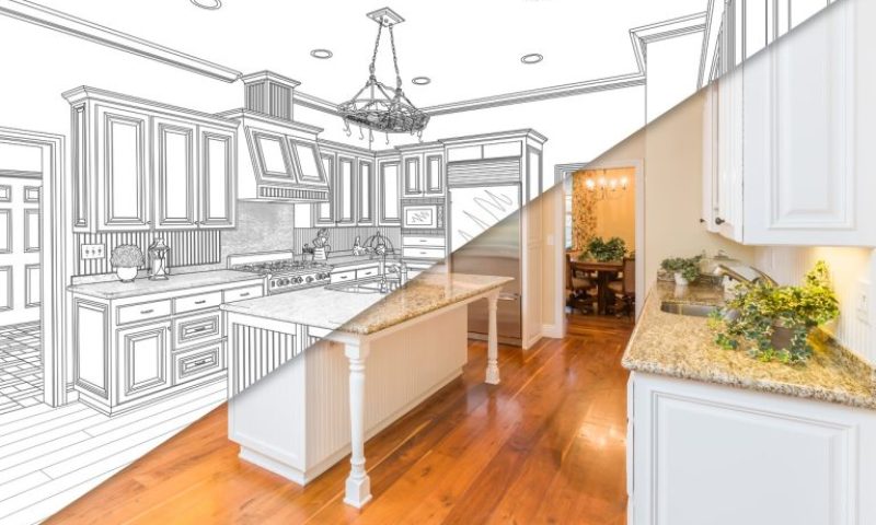 Before and After Kitchen Renovation in Arlington, VA – White & Wood Accents Before and after image of a kitchen renovation in Arlington, VA, showcasing white cabinetry, wooden floors, and modern gas stove.