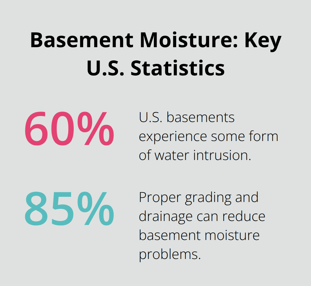 Chart showing 60% of U.S. basements experience water intrusion and proper grading can reduce moisture by up to 85%. - basement waterproofing basics