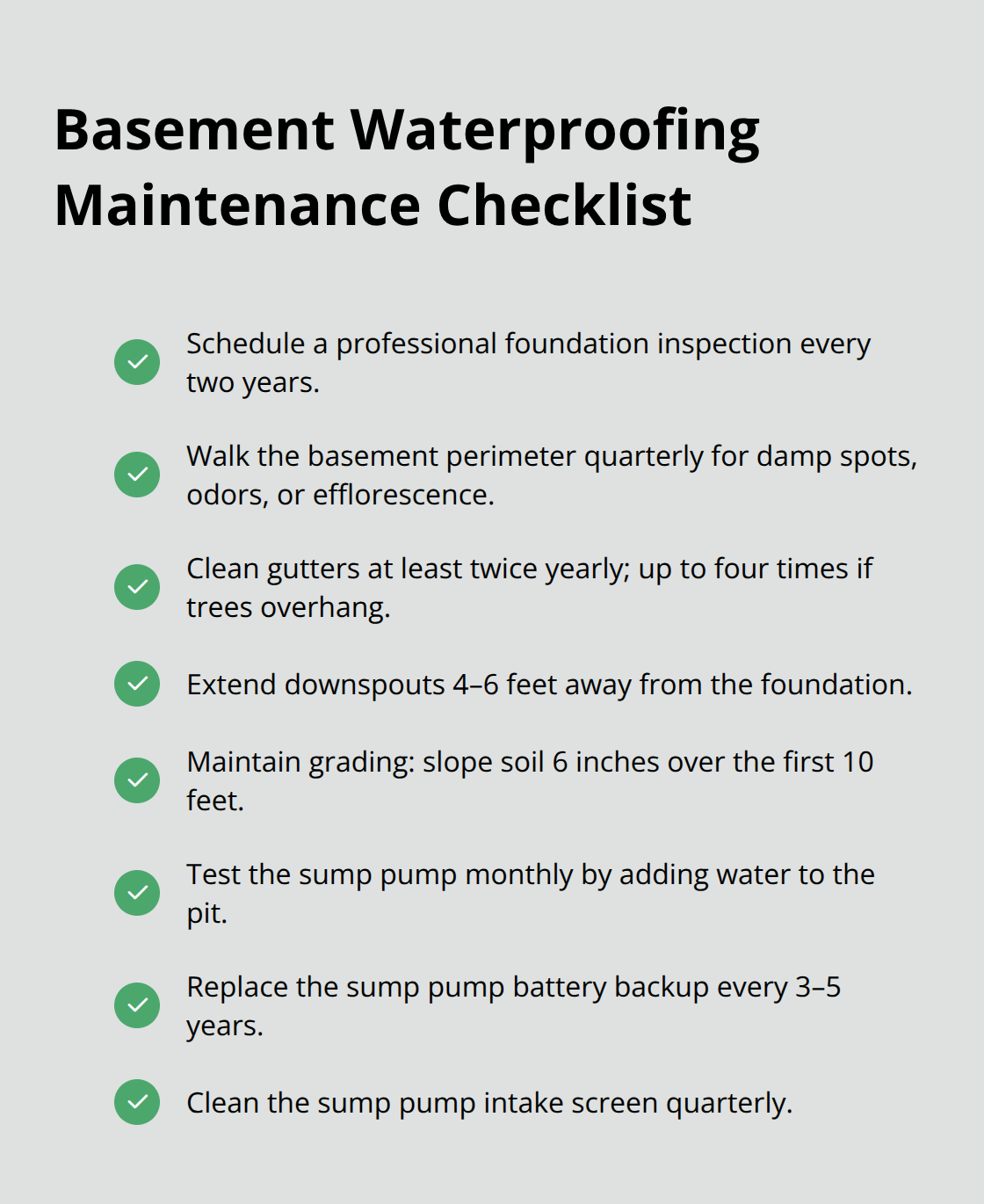 Checklist of essential maintenance tasks to keep basements dry.