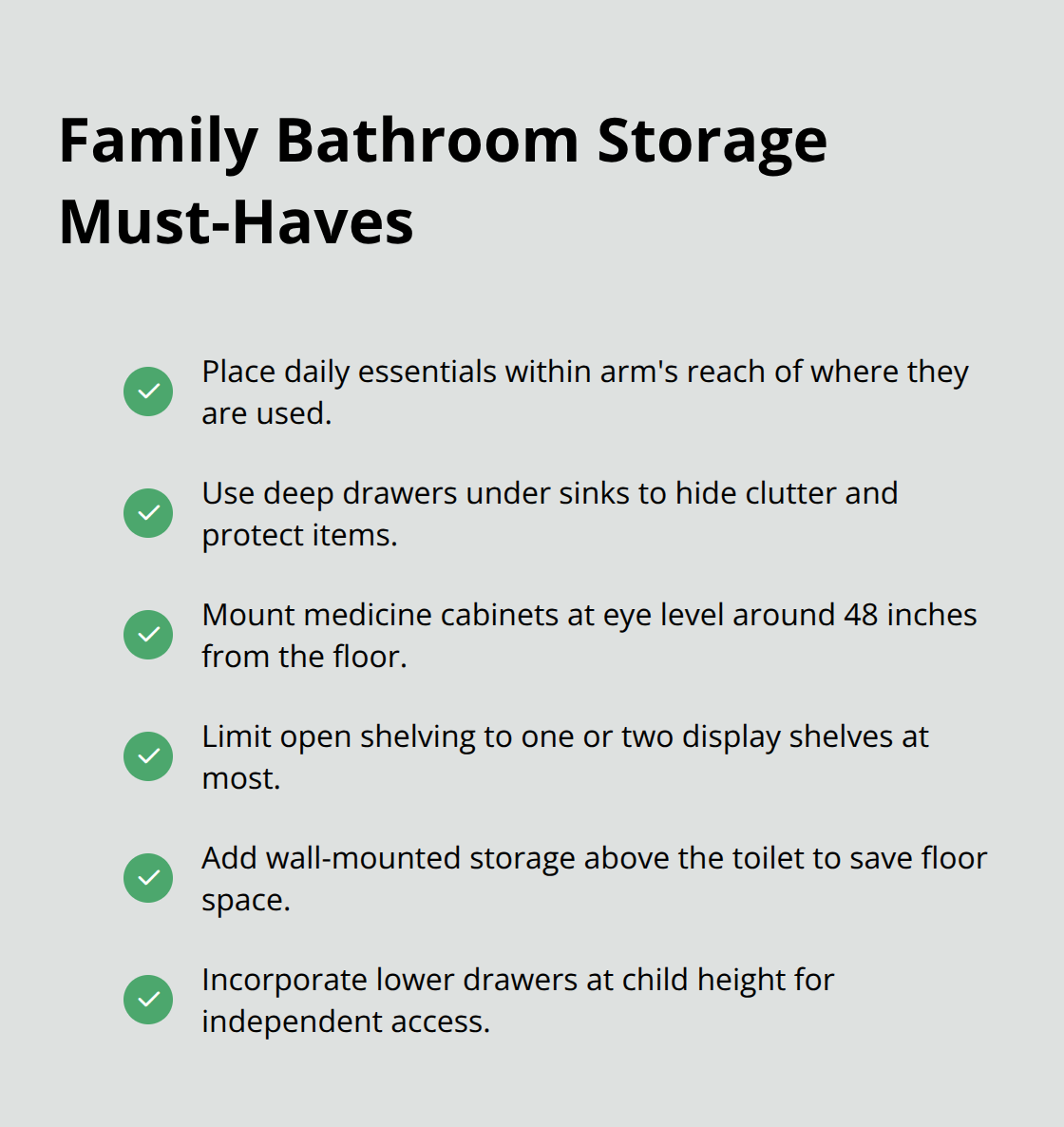 Checklist of smart storage moves for busy family bathrooms in the U.S. - bathroom upgrade must-haves for families