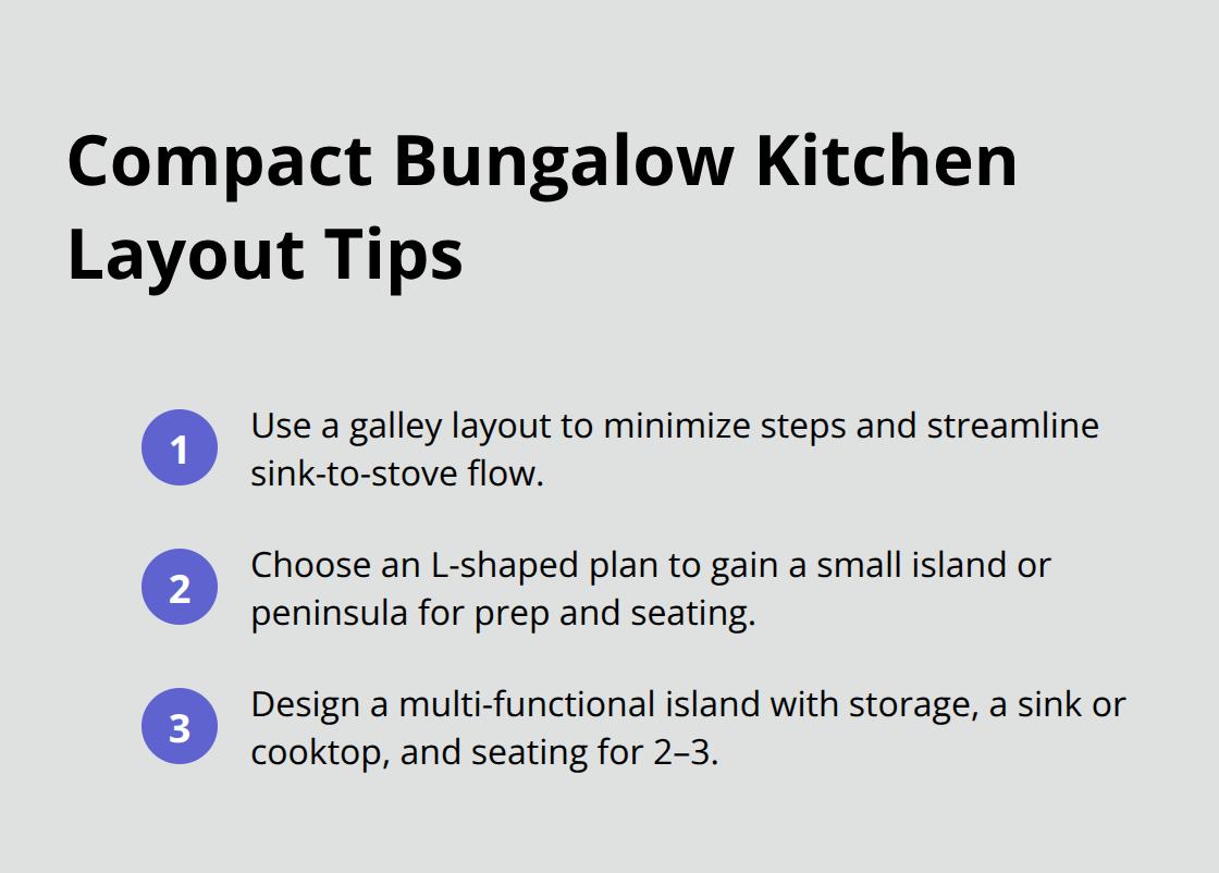 Three layout approaches that maximize function in small U.S. bungalow kitchens.