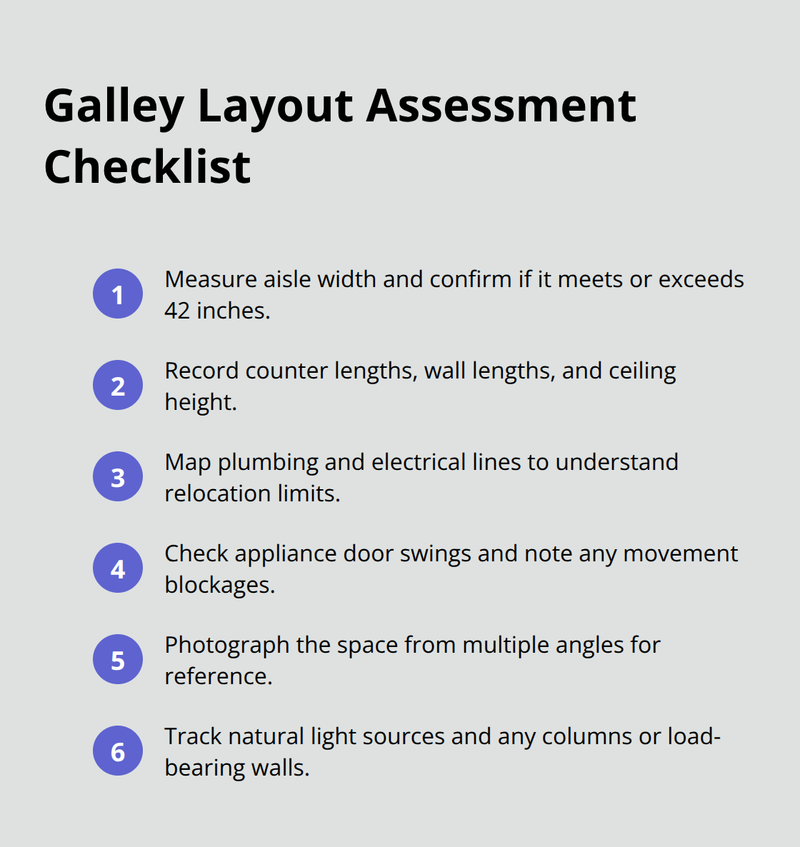 Checklist of key measurements and constraints to assess in a galley kitchen layout. - kitchen remodel ideas galley