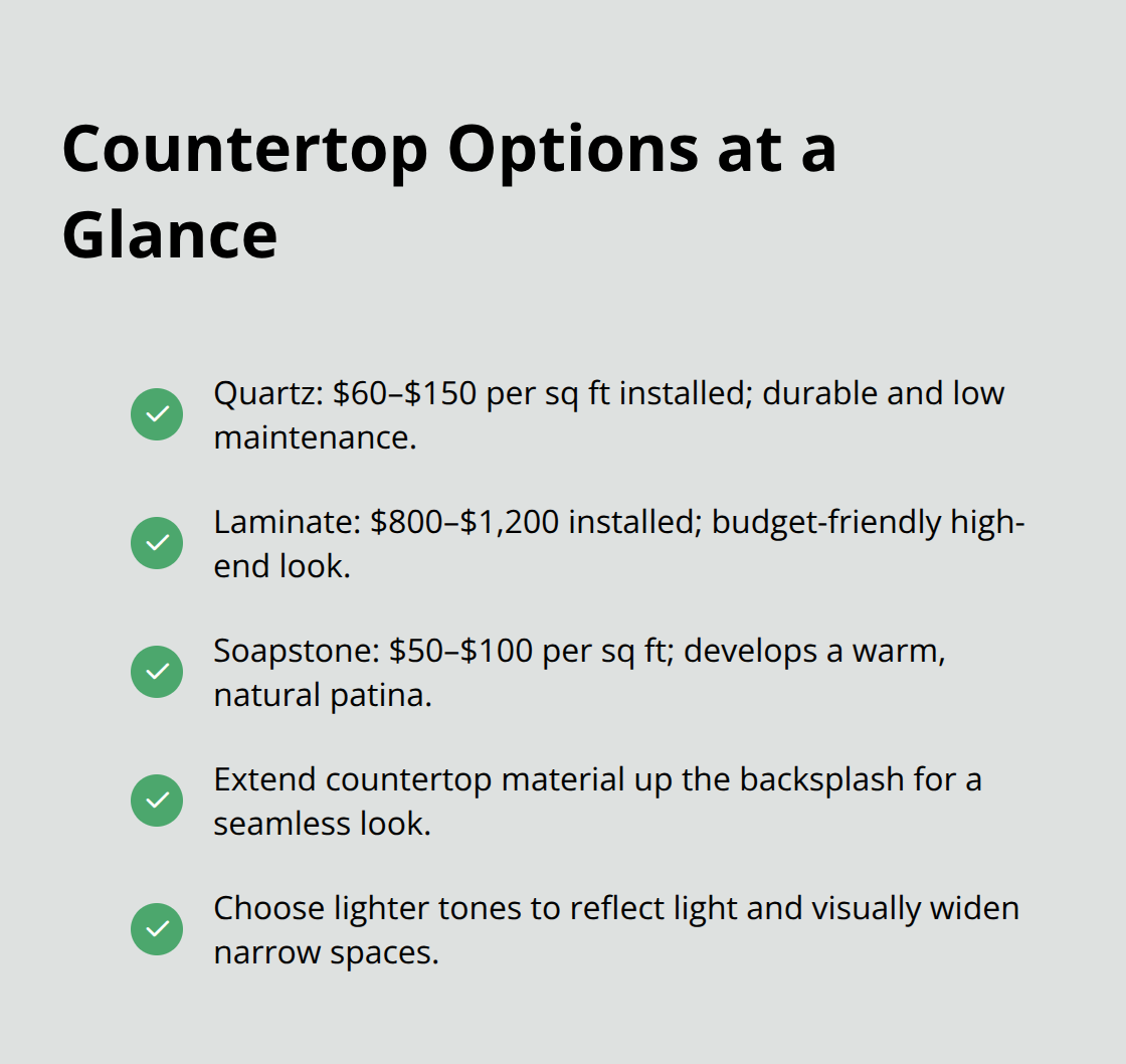 Checklisted comparison of quartz, laminate, and soapstone countertops with costs and benefits. - kitchen remodel ideas galley