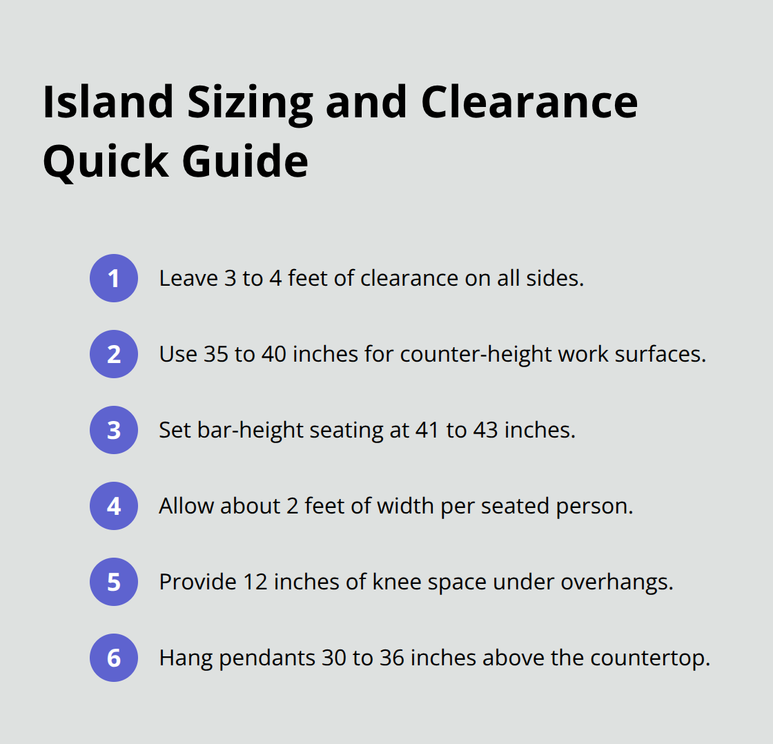 Quick-reference island dimensions for clearance, seating, heights, and lighting - kitchen remodel ideas with island