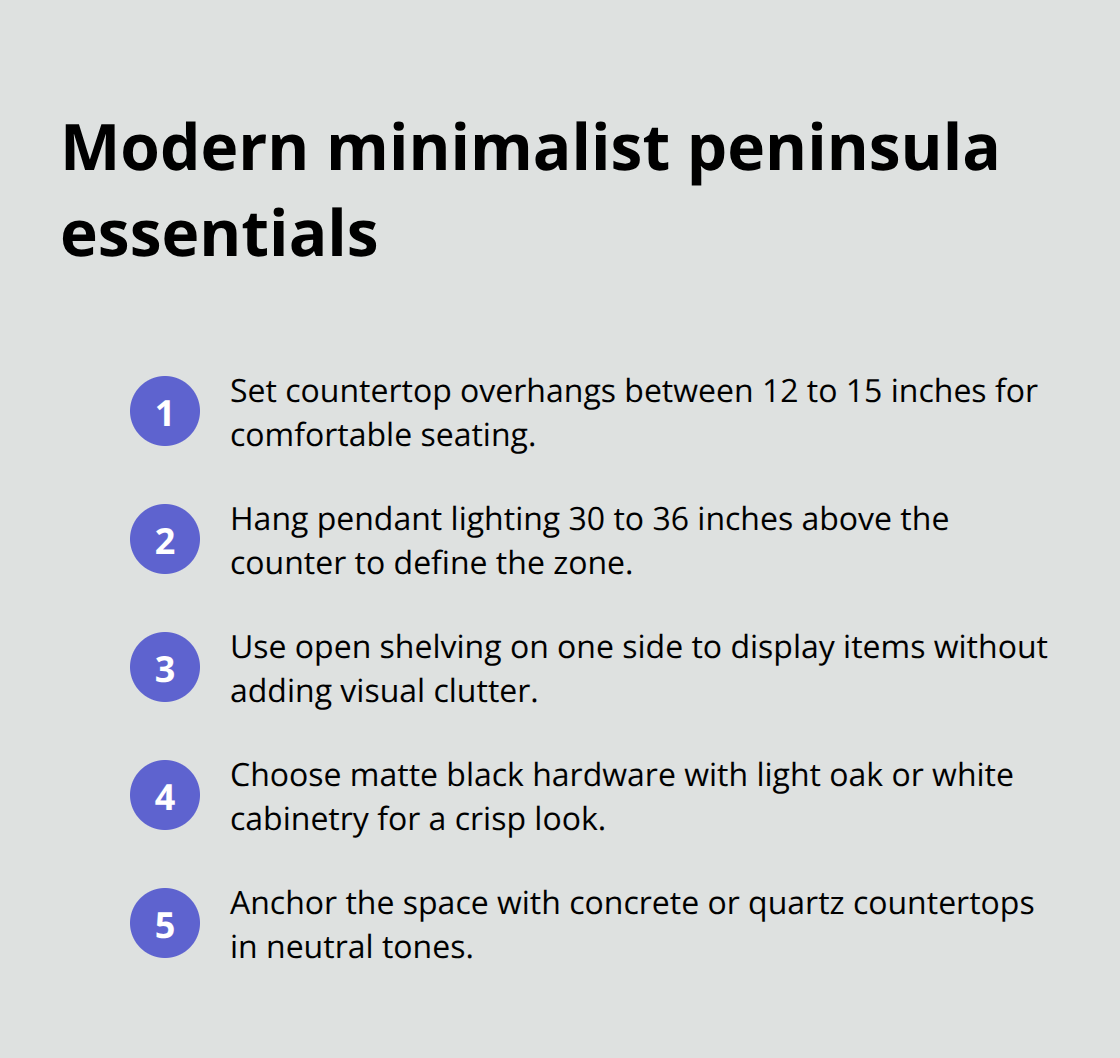 Key measurements and material cues for a modern minimalist kitchen peninsula - kitchen remodel ideas with peninsula