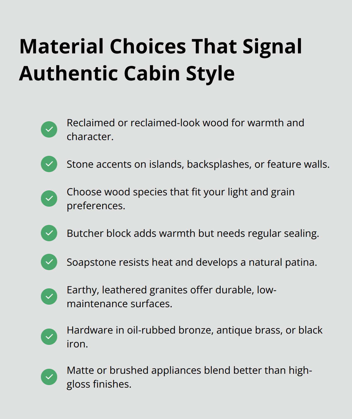 Checklist of core materials and finishes for a rustic-yet-functional cabin kitchen - log cabin kitchen remodel ideas